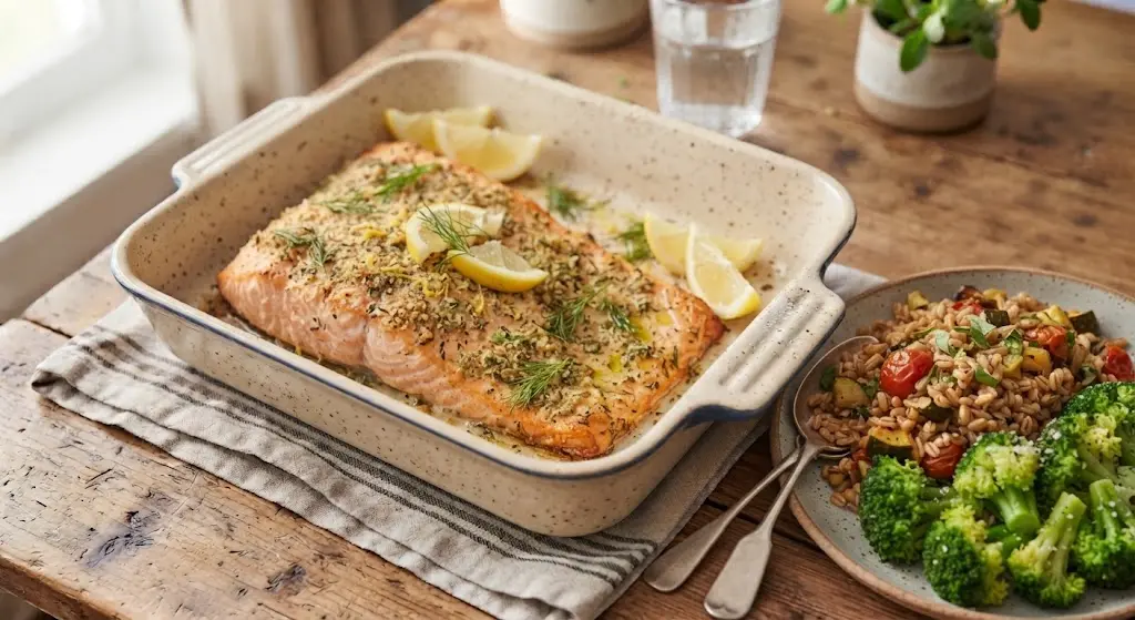 Baked Salmon with Farro & Steamed Broccoli